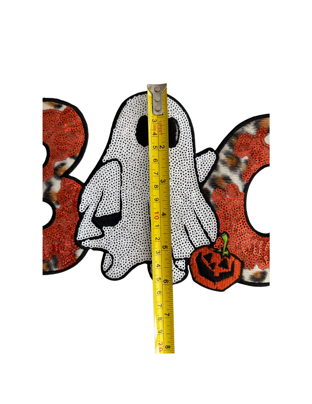 Featuring bold leopard print, shimmering orange glitter, an adorable ghost, and a tiny jack-o'-lantern, it perfectly blends spooky season with boutique style. Designed to stand out!