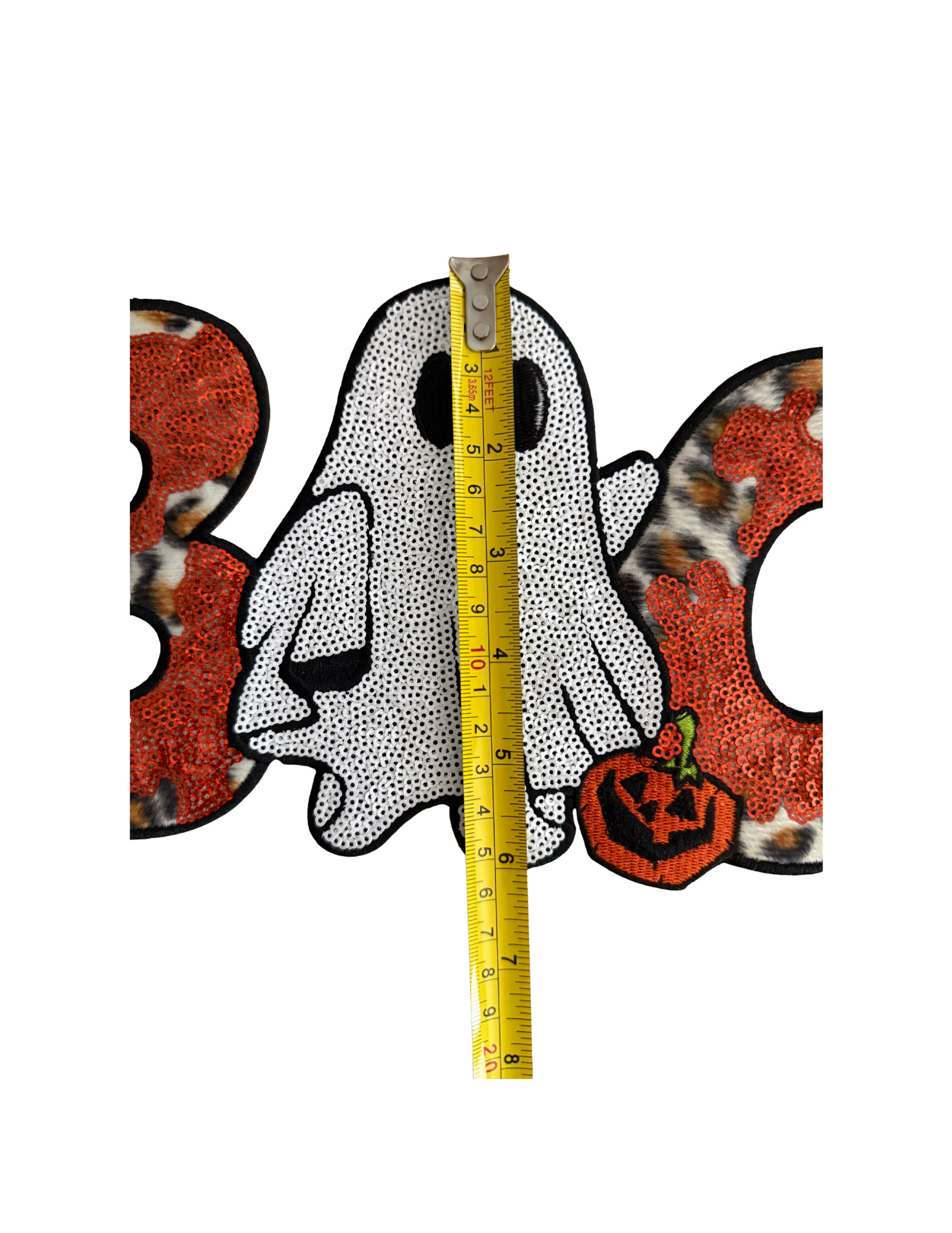 Featuring bold leopard print, shimmering orange glitter, an adorable ghost, and a tiny jack-o'-lantern, it perfectly blends spooky season with boutique style. Designed to stand out!