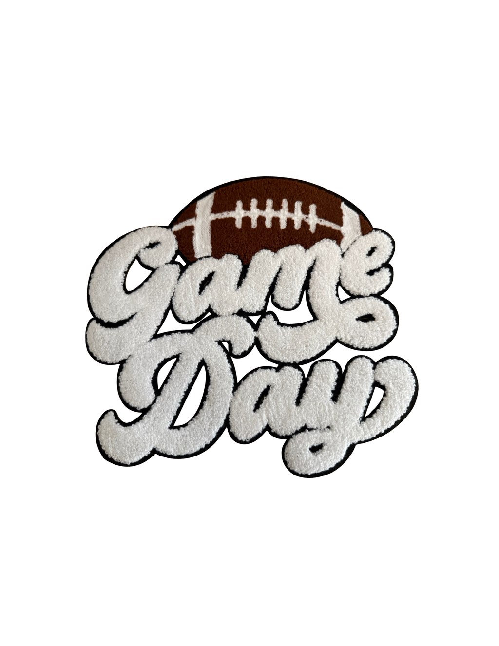 Turn up the team spirit with this bold and cozy Game Day Football Patch! Featuring a classic brown football paired with oversized, fluffy white chenille lettering, this patch delivers the perfect combination of sporty style and boutique texture.