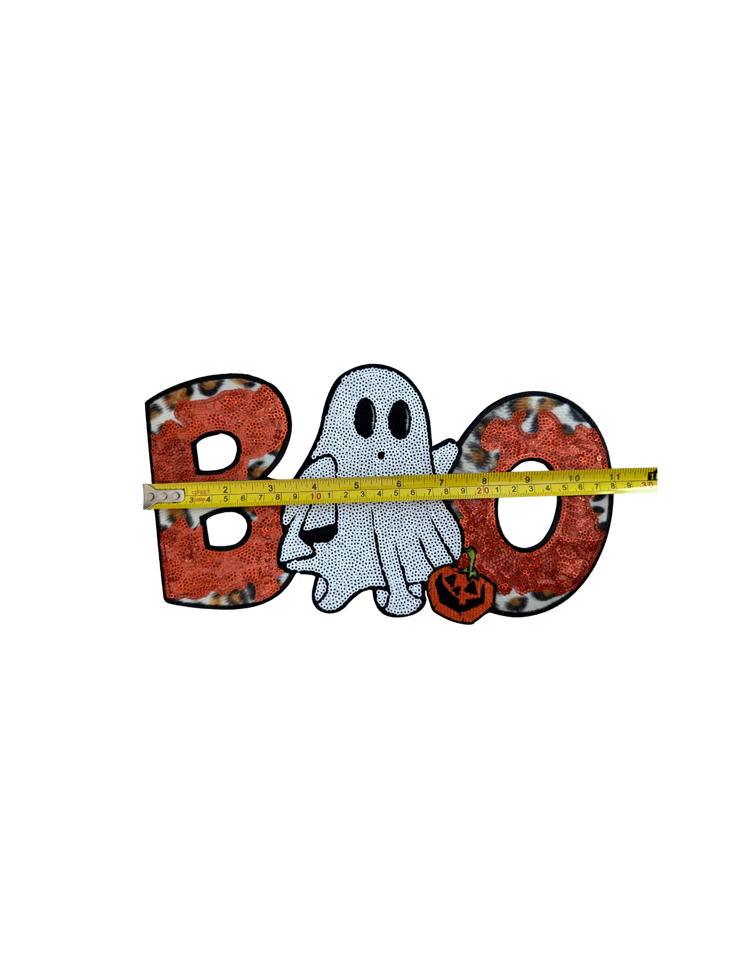 Featuring bold leopard print, shimmering orange glitter, an adorable ghost, and a tiny jack-o'-lantern, it perfectly blends spooky season with boutique style. Designed to stand out!