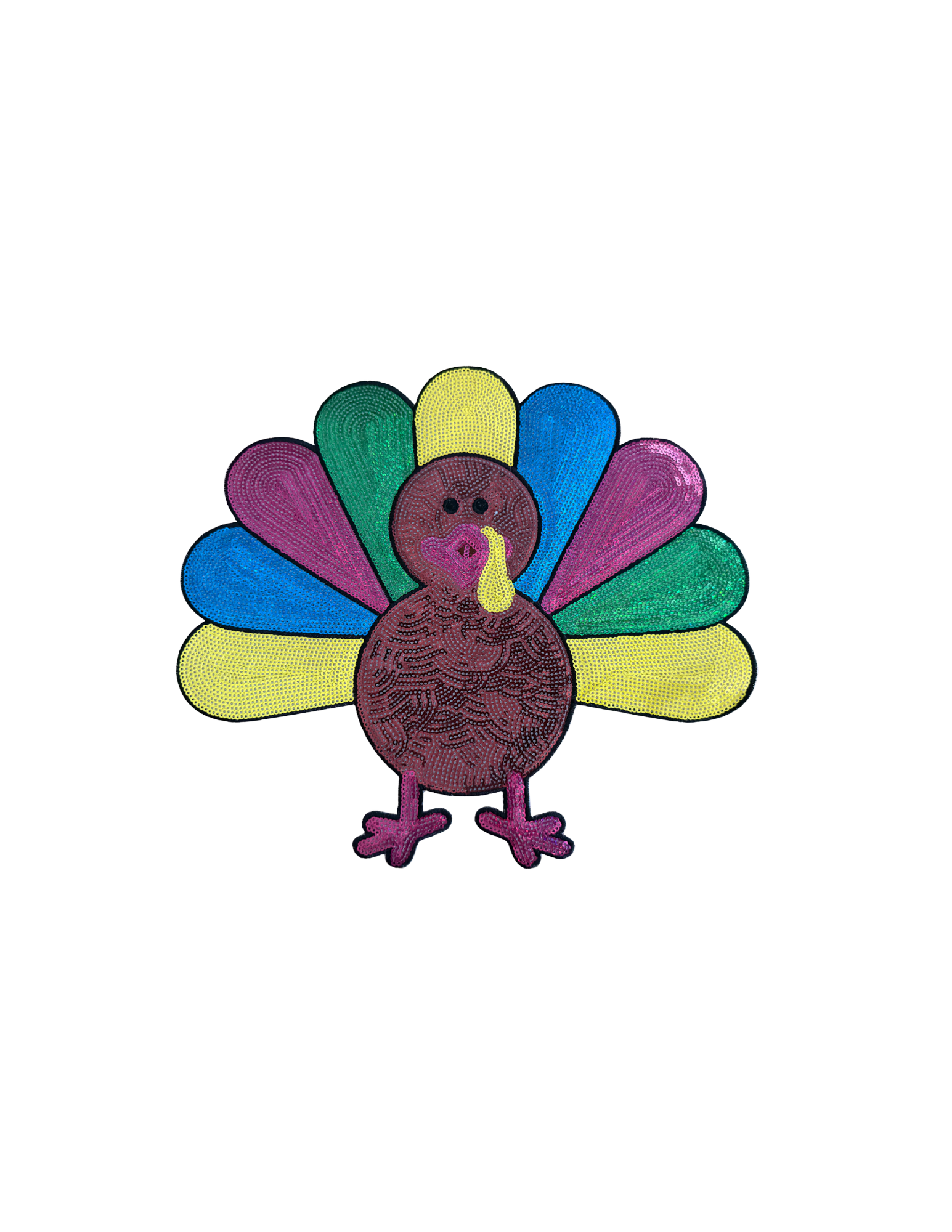 Featuring a rich embroidered brown turkey surrounded by bright pops of blue, green, yellow, and pink, this playful design puts a fresh, cheerful spin on traditional fall style. The bold colors and detailed stitching make this turkey impossible to overlook