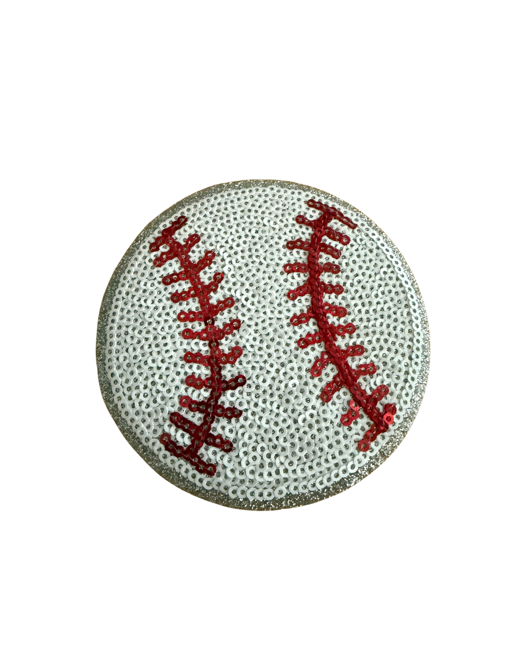 Step up your game-day style with this sparkling Sequin Baseball Patch! Covered in shimmering white sequins with bold red stitched seams and a glittery silver border, this patch takes the classic baseball look