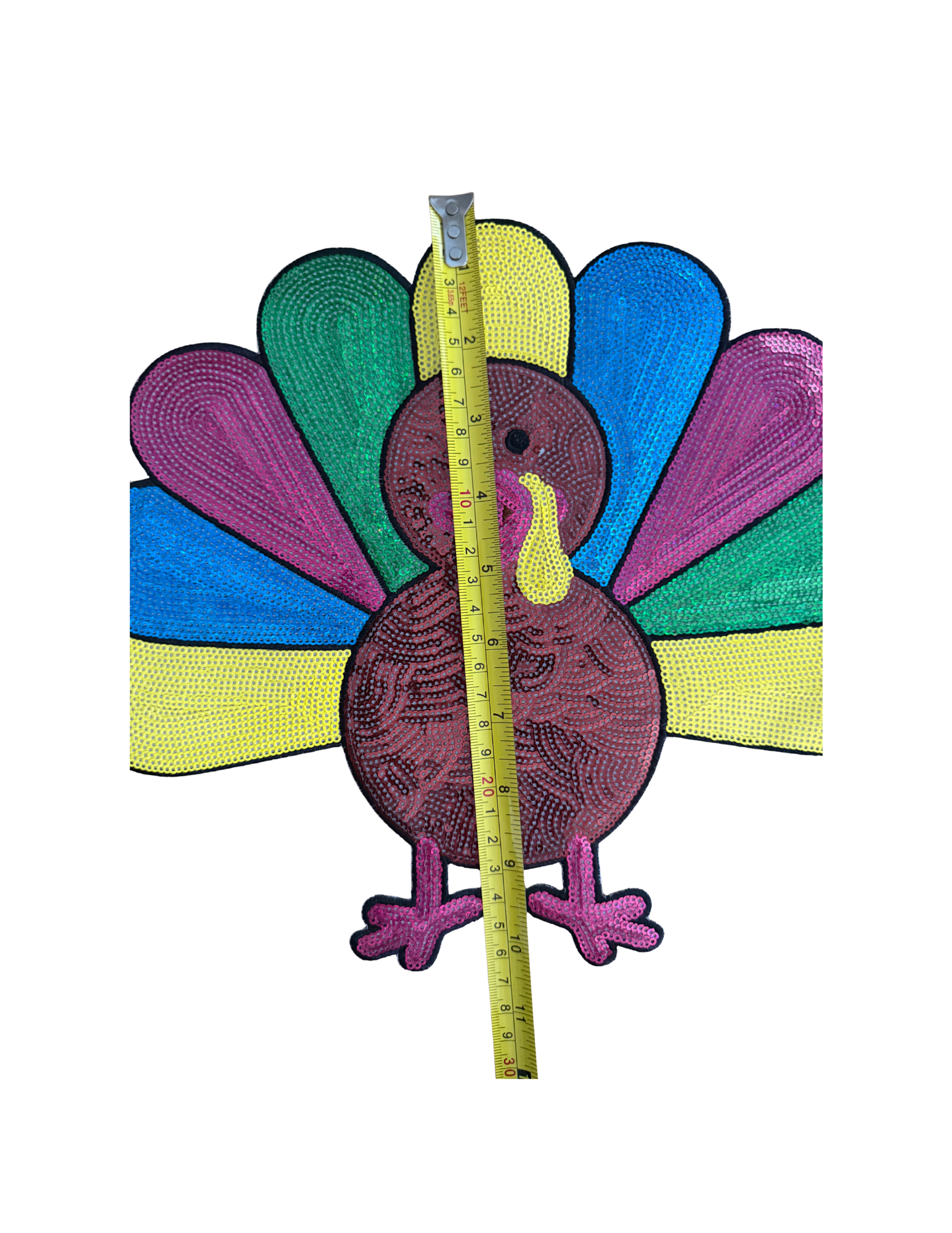 Featuring a rich embroidered brown turkey surrounded by bright pops of blue, green, yellow, and pink, this playful design puts a fresh, cheerful spin on traditional fall style. The bold colors and detailed stitching make this turkey impossible to overlook