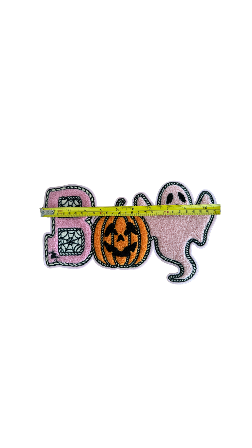 Featuring a plush pink chenille “B” filled with spiderweb details, a classic orange jack-o’-lantern, and the cutest little pink ghost, this design mixes traditional Halloween fun with a trendy, girly twist.