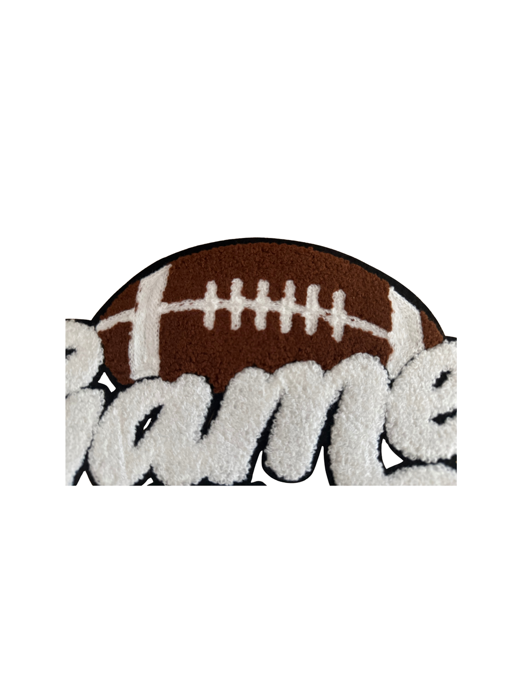 Turn up the team spirit with this bold and cozy Game Day Football Patch! Featuring a classic brown football paired with oversized, fluffy white chenille lettering, this patch delivers the perfect combination of sporty style and boutique texture.