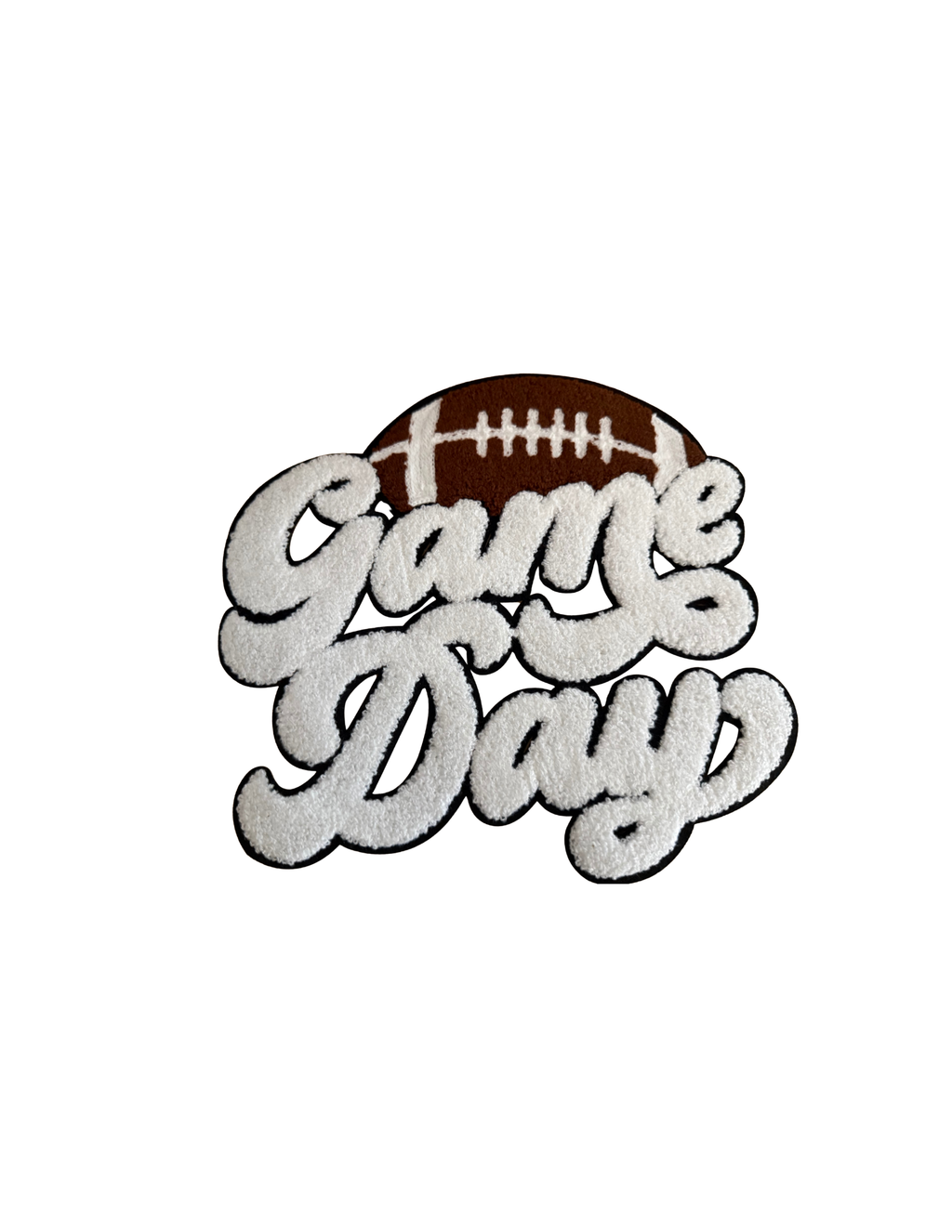Turn up the team spirit with this bold and cozy Game Day Football Patch! Featuring a classic brown football paired with oversized, fluffy white chenille lettering, this patch delivers the perfect combination of sporty style and boutique texture.