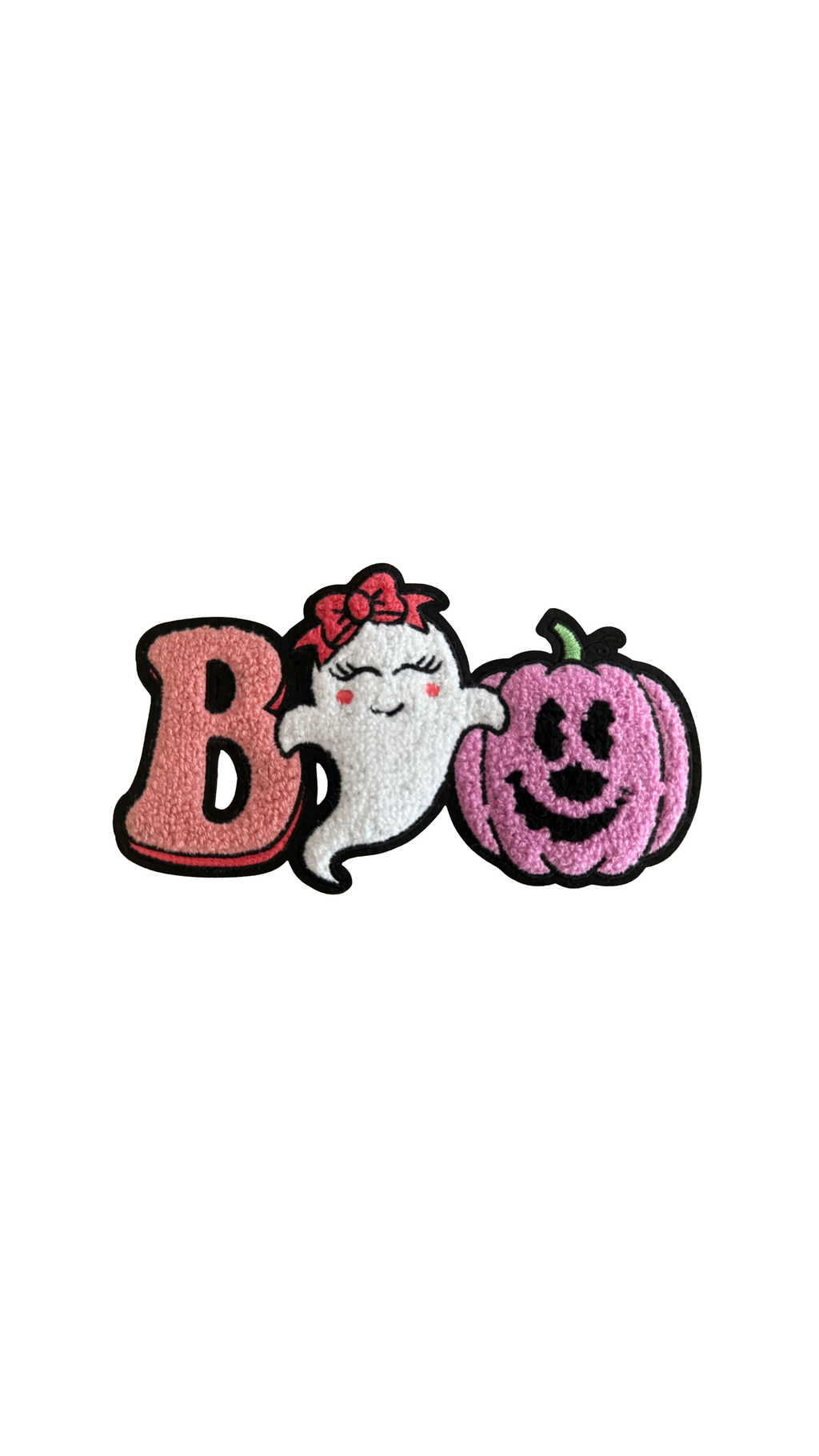 This adorable BOO Ghost & Pumpkin Patch combines cozy chenille texture with playful pink Halloween style for a look that’s more cute than creepy.