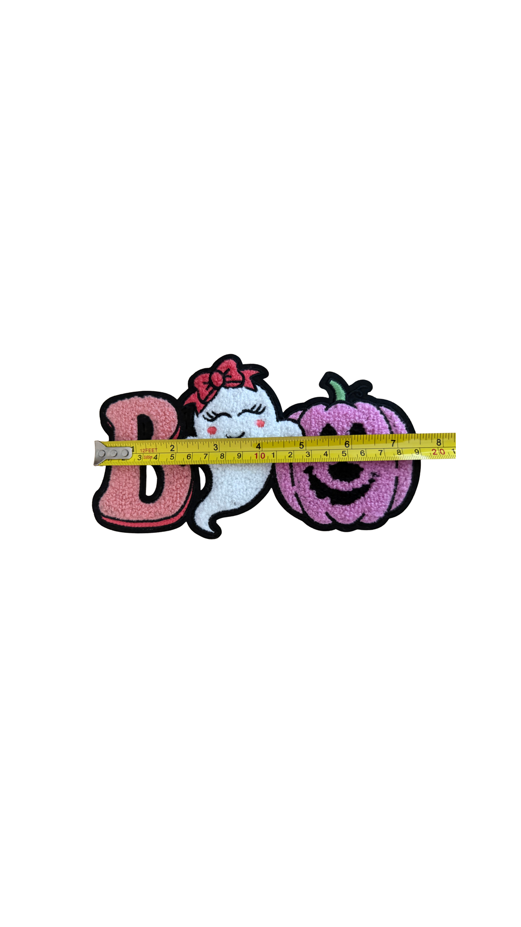 This adorable BOO Ghost & Pumpkin Patch combines cozy chenille texture with playful pink Halloween style for a look that’s more cute than creepy.