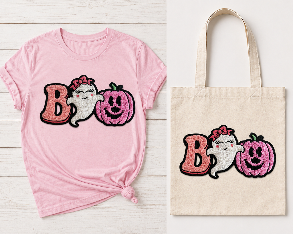 This adorable BOO Ghost & Pumpkin Patch combines cozy chenille texture with playful pink Halloween style for a look that’s more cute than creepy.