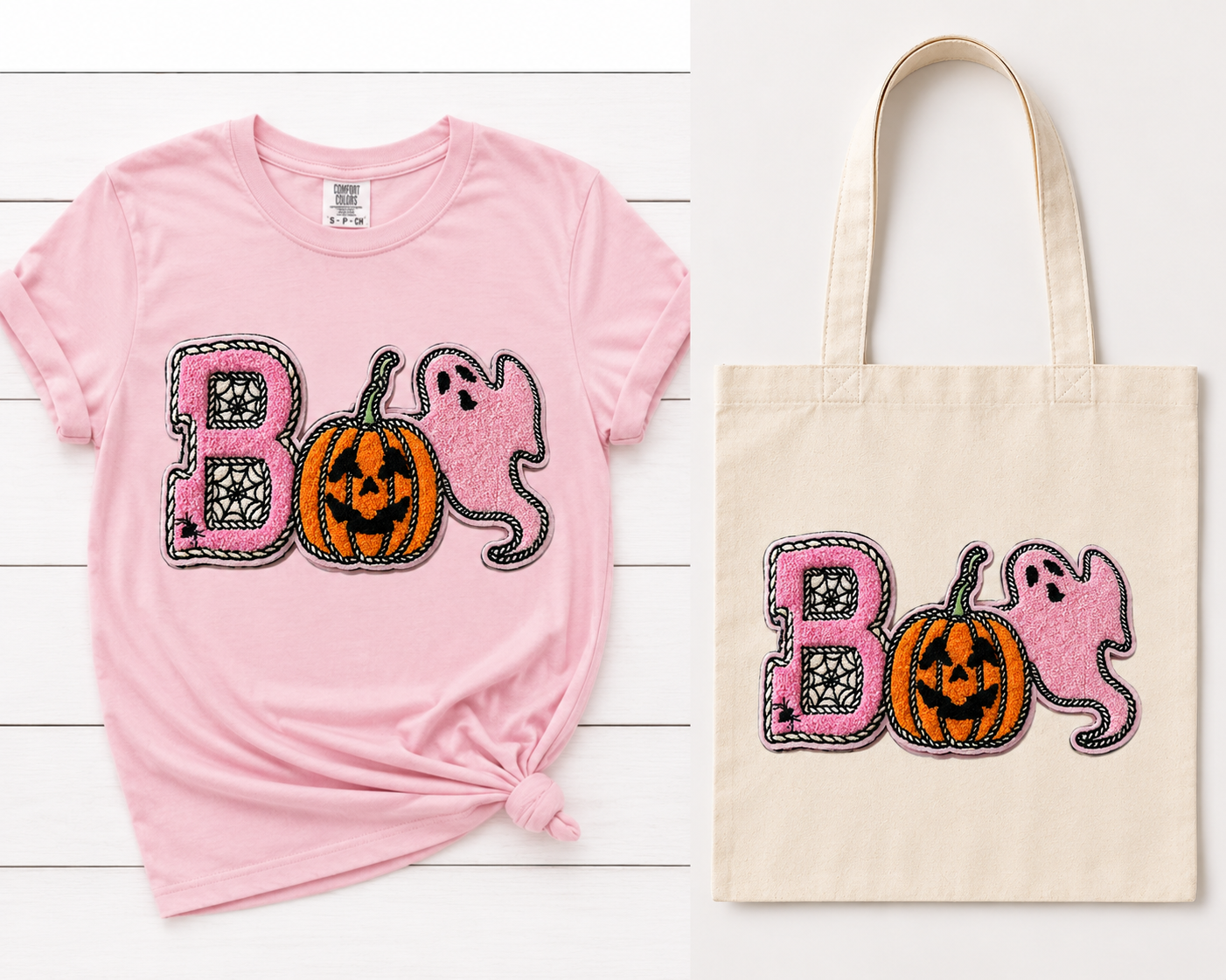 Featuring a plush pink chenille “B” filled with spiderweb details, a classic orange jack-o’-lantern, and the cutest little pink ghost, this design mixes traditional Halloween fun with a trendy, girly twist.