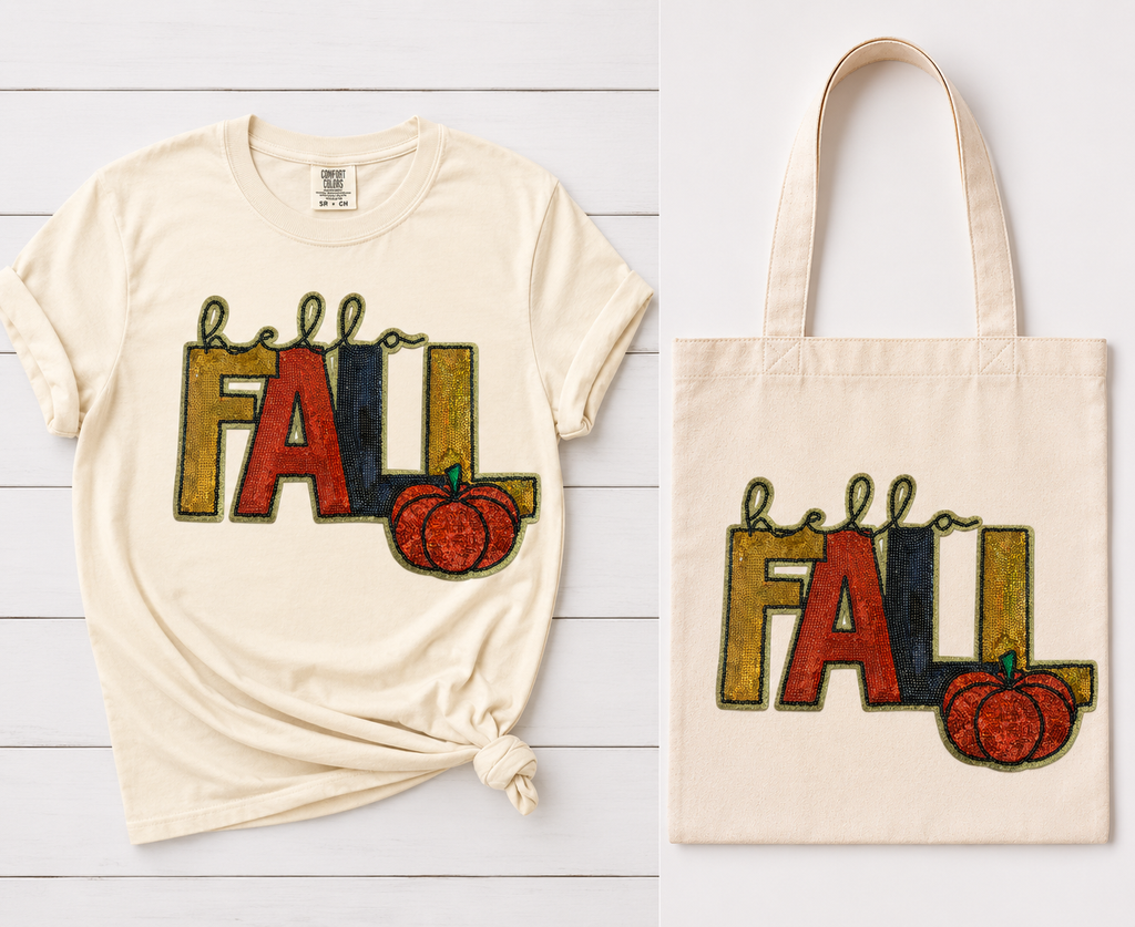 Featuring bold autumn-inspired lettering, rich seasonal colors, shimmering texture, and an adorable pumpkin accent, this patch brings all the cozy fall vibes together in one statement design.