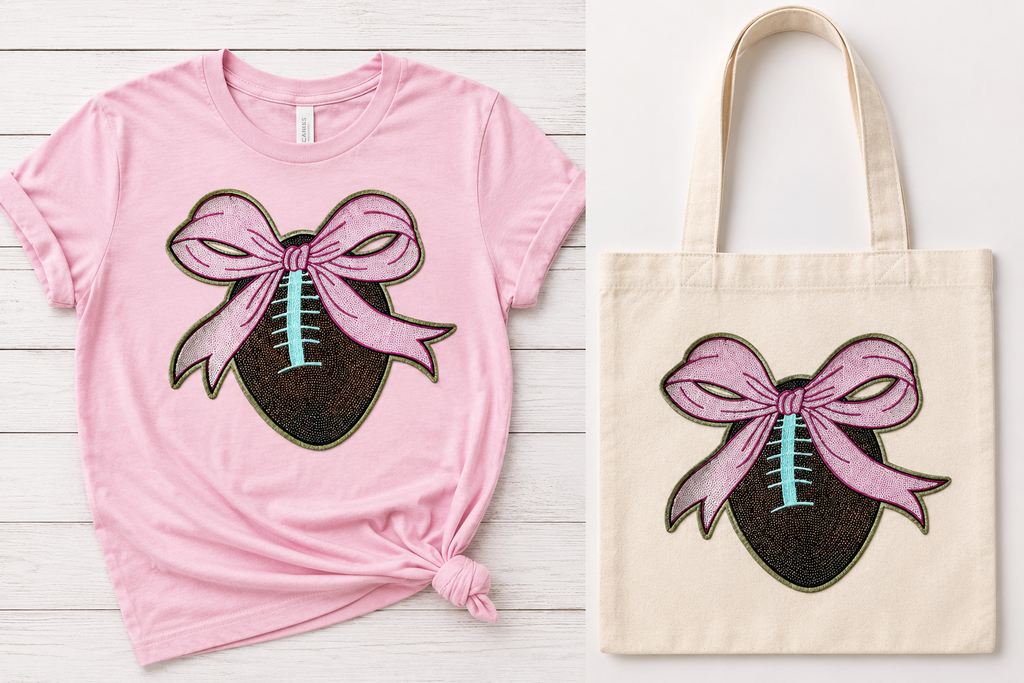 Football season meets feminine flair with this fabulous Football & Bow Patch! Featuring a richly textured football topped with an oversized sparkling pink bow, this design is made for the girl who loves touchdowns AND a little extra sparkle.