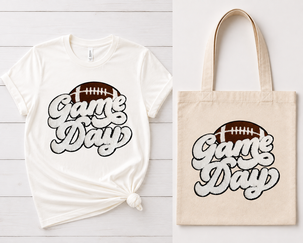 Turn up the team spirit with this bold and cozy Game Day Football Patch! Featuring a classic brown football paired with oversized, fluffy white chenille lettering, this patch delivers the perfect combination of sporty style and boutique texture.