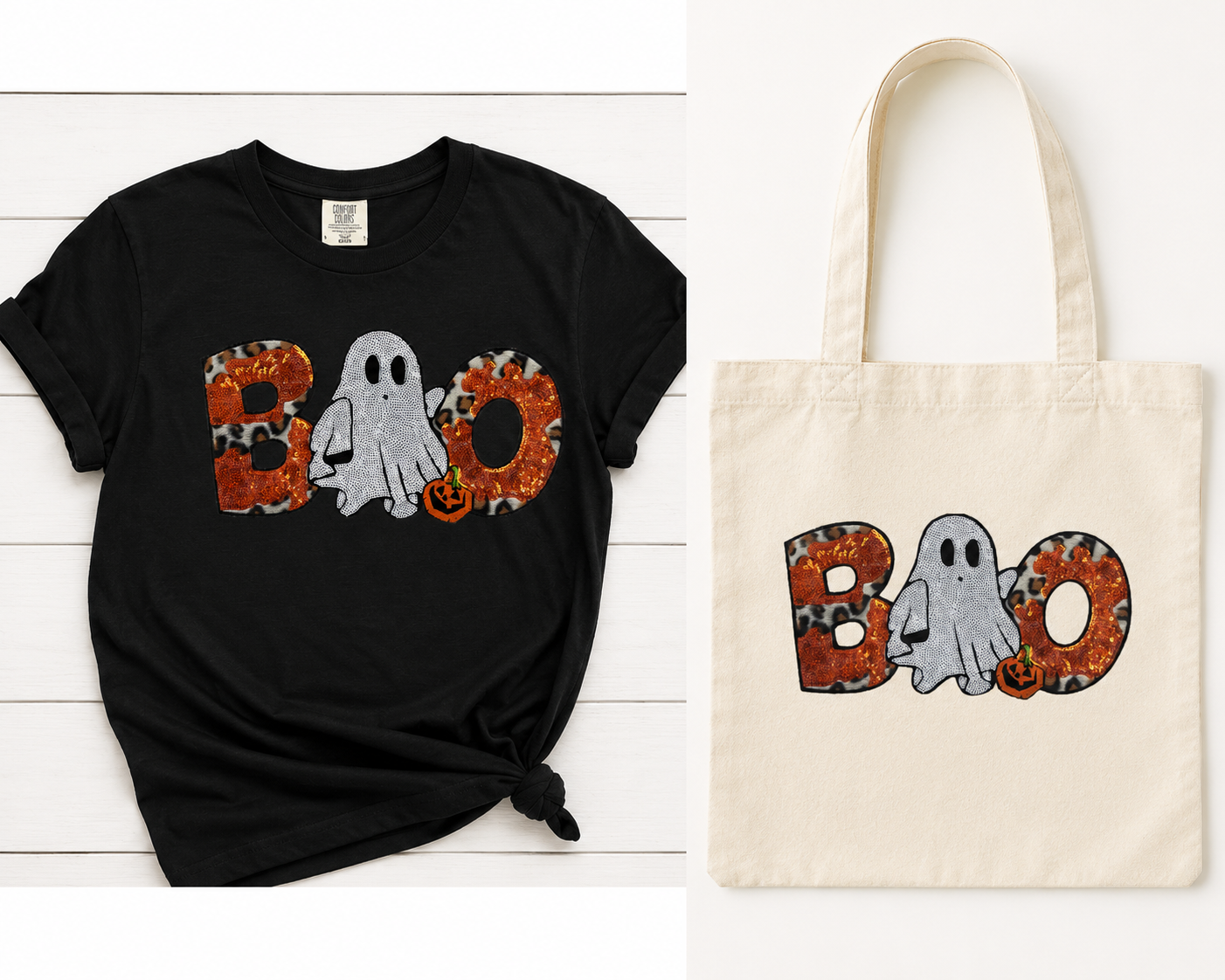 Featuring bold leopard print, shimmering orange glitter, an adorable ghost, and a tiny jack-o'-lantern, it perfectly blends spooky season with boutique style. Designed to stand out!