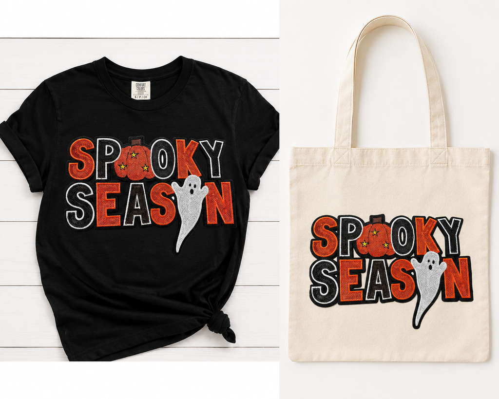 The bold orange, black, and white embroidery creates a classic Halloween look, while the playful pumpkin and adorable ghost give it just the right amount of personality.