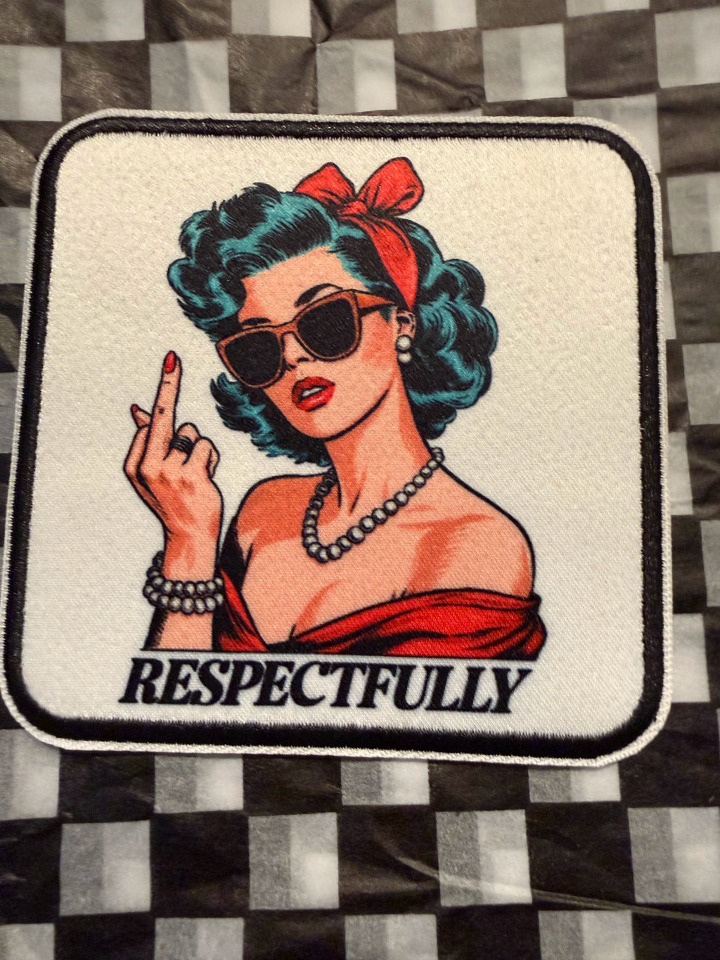 Sweet vintage style meets unapologetic attitude with this “Respectfully” statement iron on patch. (Copy)