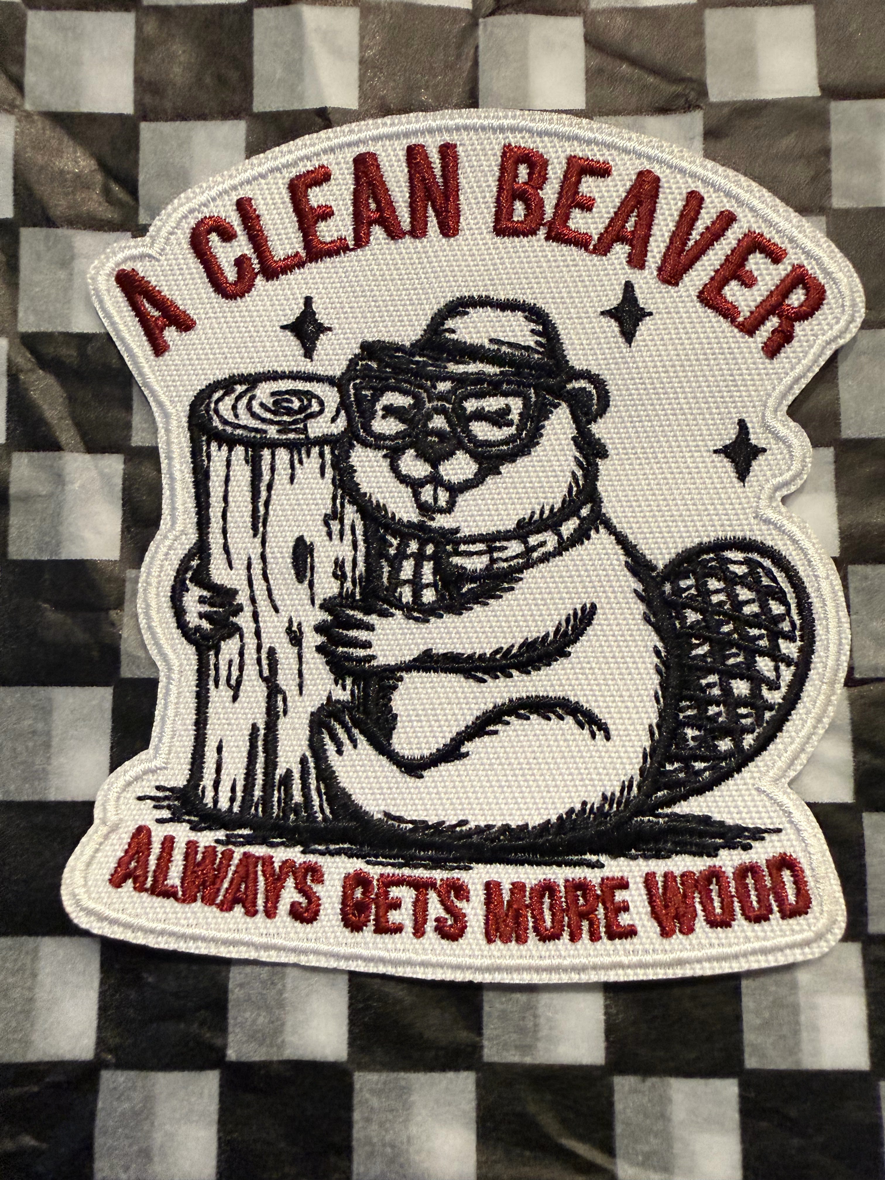 A CLEAN BEAVER Iron-On Patch  Always Gets More Wood  Funny, bold, and a little bit dirty—this patch brings the laughs and the attitude. Featuring a well-groomed beaver, it’s the perfect icebreaker for anyone who doesn’t take life too seriously.