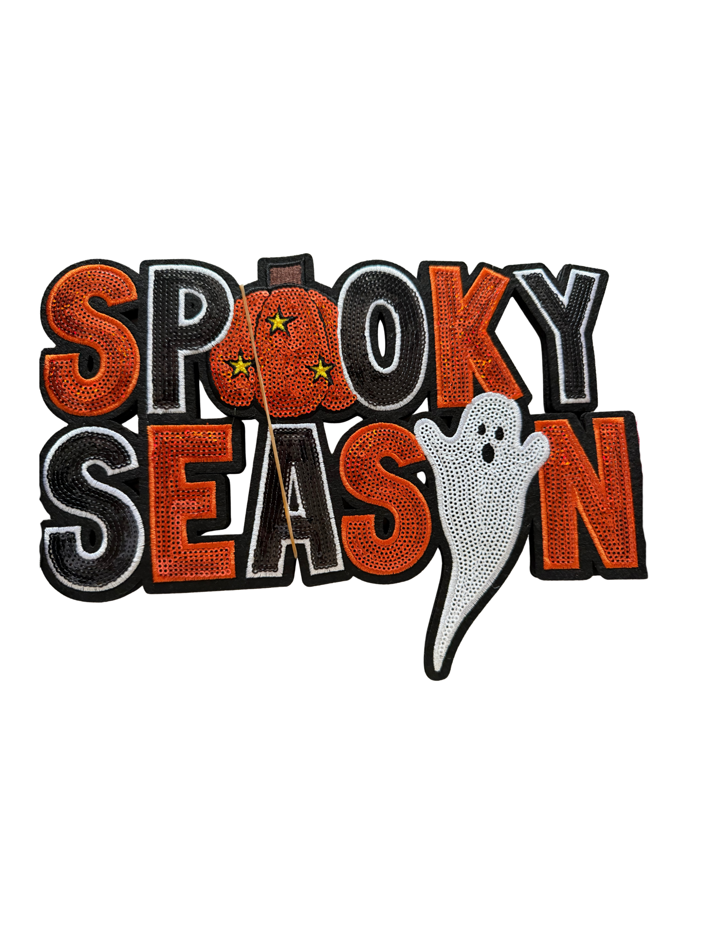 The bold orange, black, and white embroidery creates a classic Halloween look, while the playful pumpkin and adorable ghost give it just the right amount of personality.