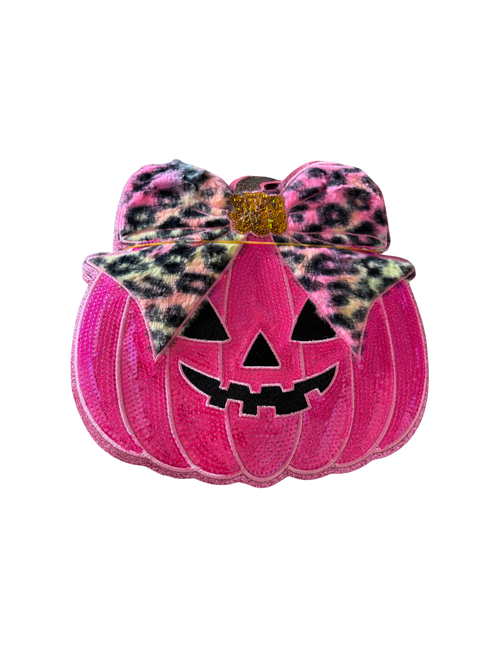 Sweet meets spooky in the cutest way. This eye-catching patch combines a vibrant pink jack-o'-lantern with a trendy leopard-print bow, creating a Halloween design that's fun, feminine, and unlike anything you'll find in big box stores.