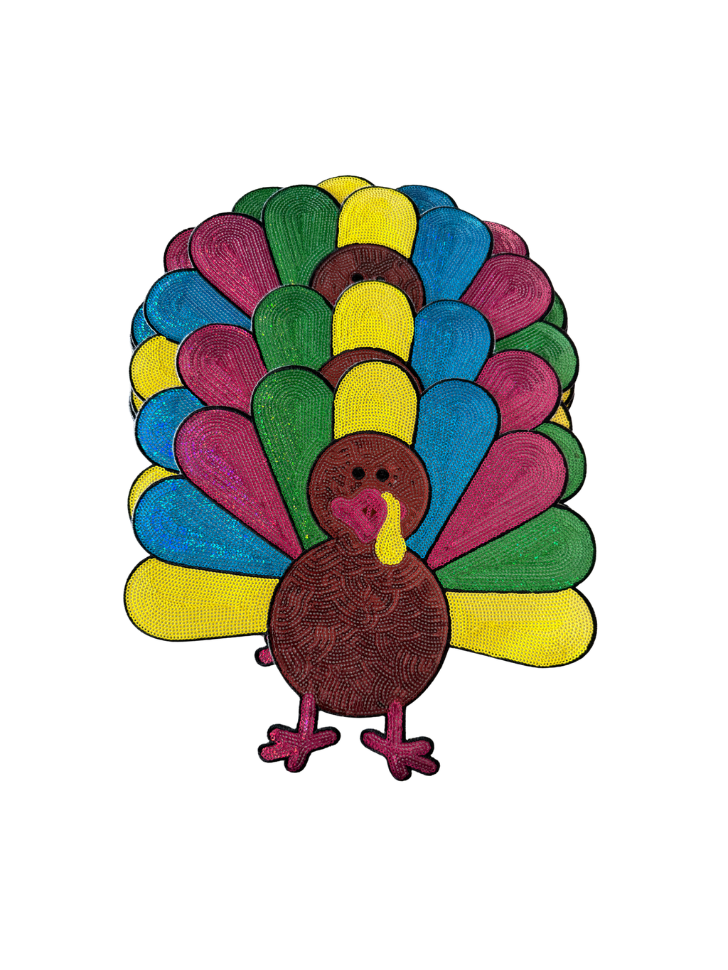 Featuring a rich embroidered brown turkey surrounded by bright pops of blue, green, yellow, and pink, this playful design puts a fresh, cheerful spin on traditional fall style. The bold colors and detailed stitching make this turkey impossible to overlook