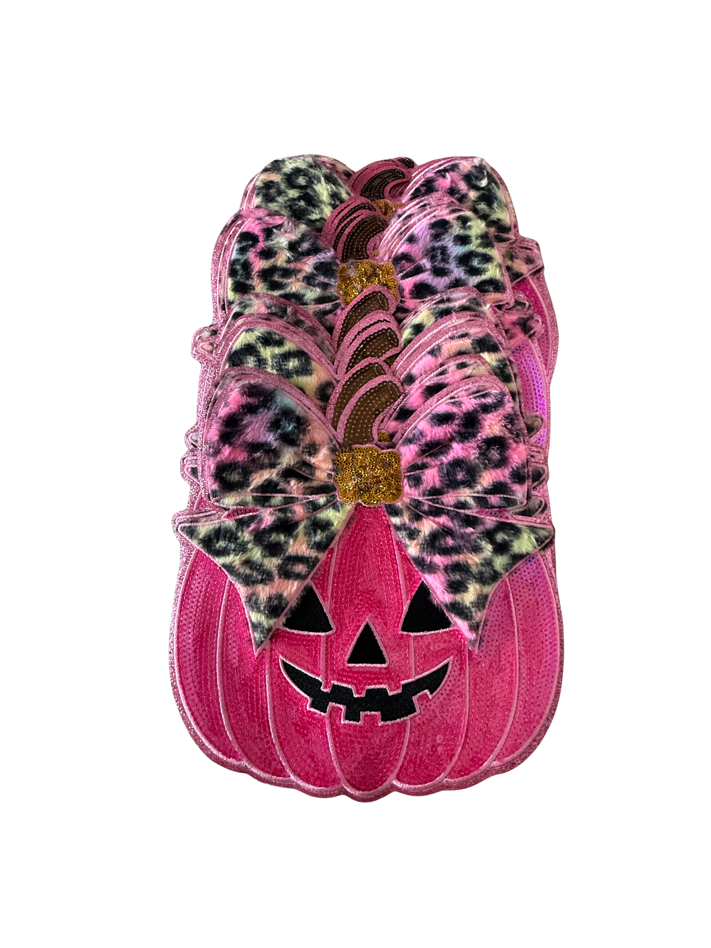 Sweet meets spooky in the cutest way. This eye-catching patch combines a vibrant pink jack-o'-lantern with a trendy leopard-print bow, creating a Halloween design that's fun, feminine, and unlike anything you'll find in big box stores.