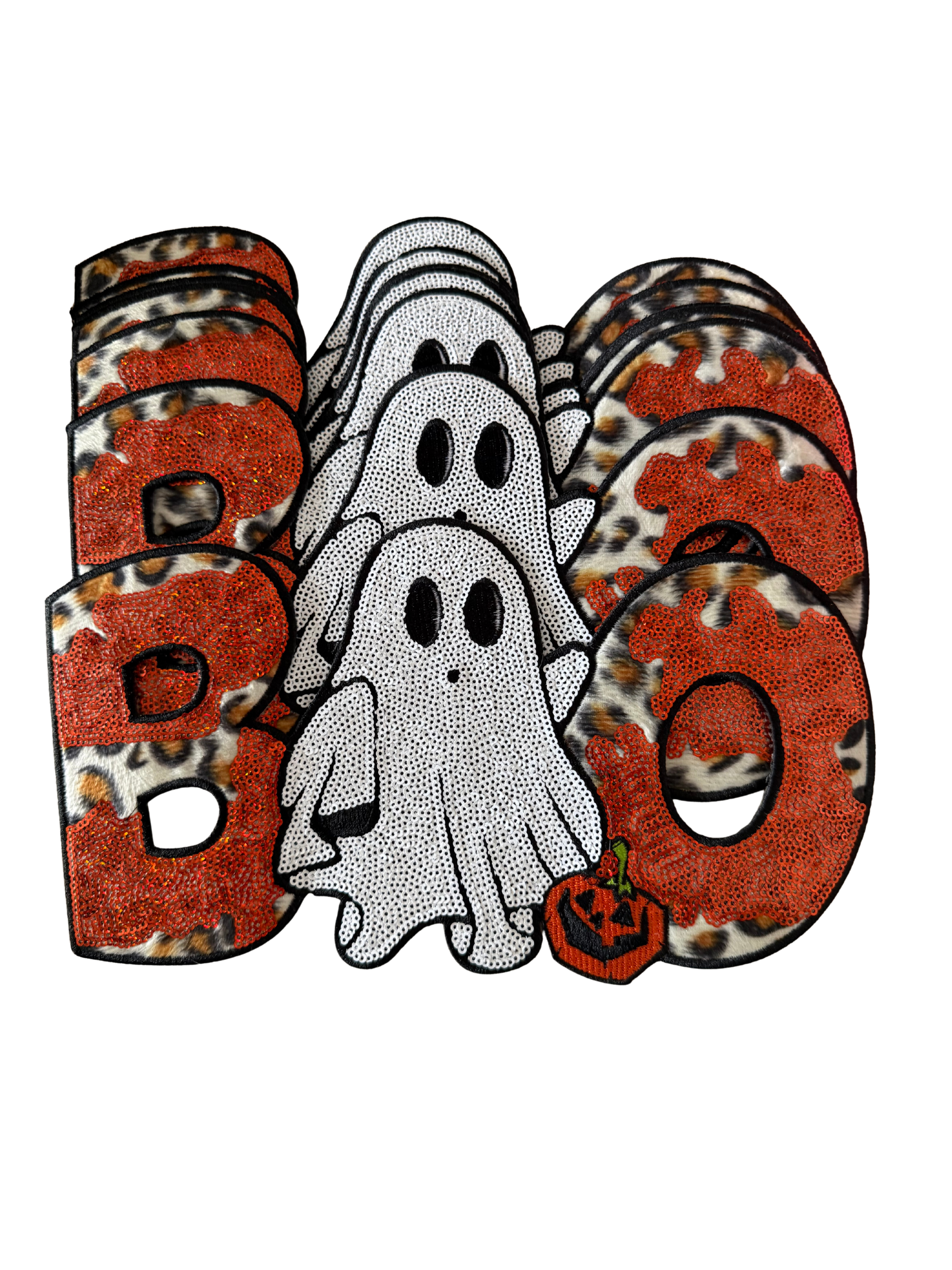 Featuring bold leopard print, shimmering orange glitter, an adorable ghost, and a tiny jack-o'-lantern, it perfectly blends spooky season with boutique style. Designed to stand out!